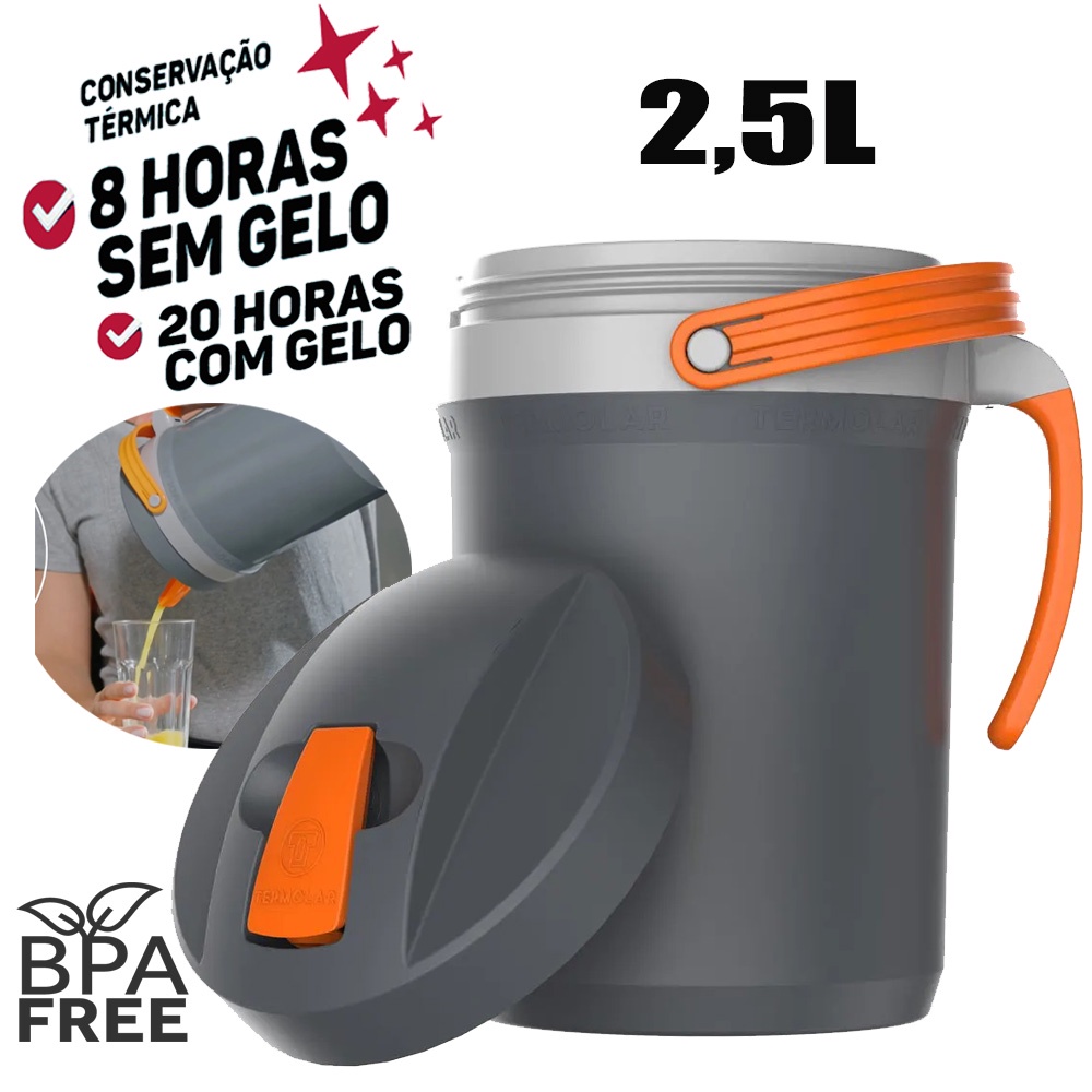 Jarra Cinza Térmica Fliptop 2.5 Litros Bebida Gelada Termolar - Home & Living