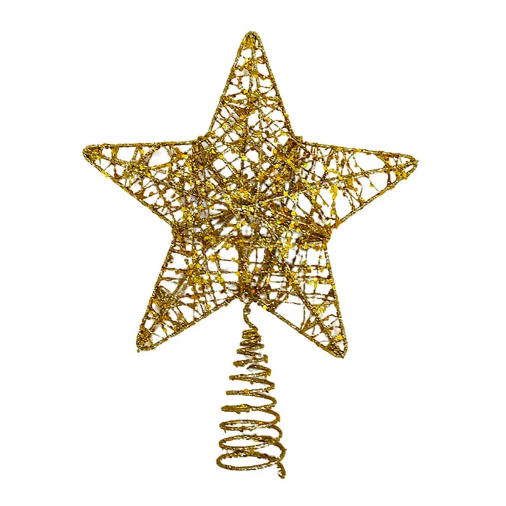 Ponteira Estrela Aramada Decoração De Árvore De Natal Dourada Com Glitter  14CM X 19CM Decorativo