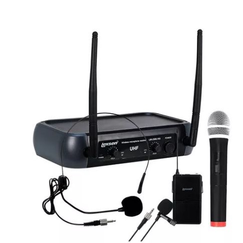 Microfone Duplo Sem Fio Lexsen Lm258u Kit Uhf Bastão + Headset ou Lapela