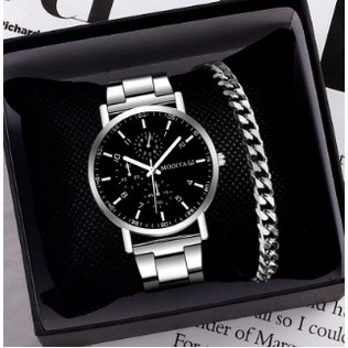 2PCS Homem Moda Simples Corrente De Prata Relógios De Quartzo Conjunto De Pulseiras Sem Caixa