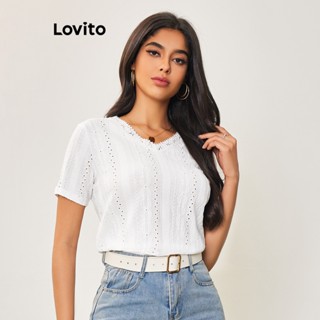 Lovito Casual Camiseta Feminina Lisa com Tecido Texturizado e Costura LBA05006 (Branco)