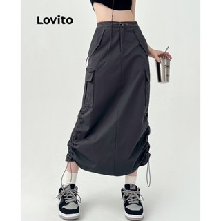 Lovito Casual Saias com Bolsos e Cordão para Mulheres LNA18047 (Cinza)