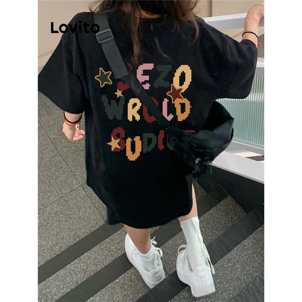 Lovito Camiseta Casual Com Estampa De Letras Para Mulheres LNA26111 (Preto) - Women Clothes