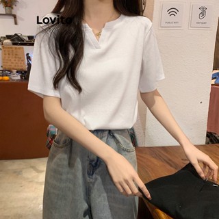 Lovito Casual Camiseta Feminina Lisa Básica com Fenda LNE27014 (Branco/Preto)