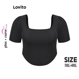 Lovito Top Crop com Decote Quadrado Plus Size para Mulheres LBE03069 (Preto)