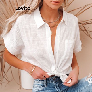 Lovito Casual Blusa Feminina Lisa com Botão e Bolso LNE31134 (Branco)