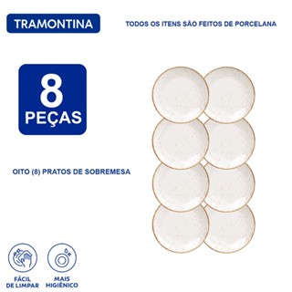 Aparelho de Jantar Jogo de Pratos Sobremesa 21 cm Tramontina Rústico Marrom em Porcelana Decorada 8 Peças