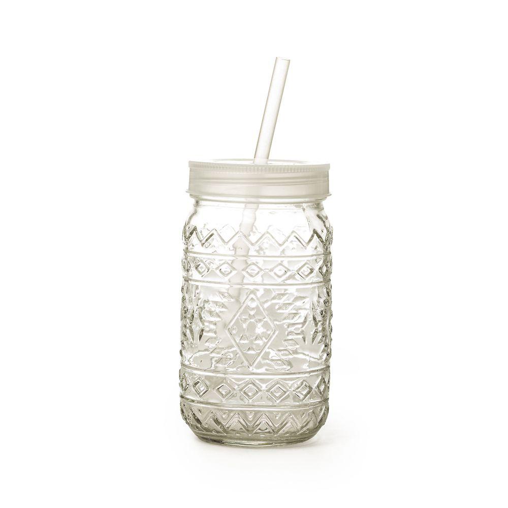 Copo de Vidro Incolor Detalhe Étnico 400ml com Tampa e Canudo para Sucos Refrigerantes e Refrescos em Oferta na Shopee