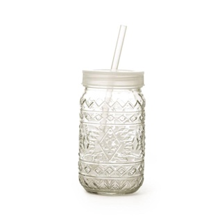 Copo de Vidro Incolor Detalhe Étnico 400ml com Tampa e Canudo para Sucos Refrigerantes e Refrescos em Oferta na Shopee