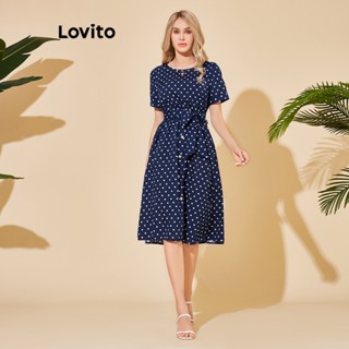 Lovito Vestido com Amarração na Cintura e Botões Frontais para Mulheres LBL06035 (Azul Escuro)