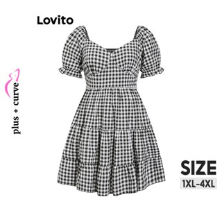 Lovito Vestido Casual Xadrez com Linhas Estruturadas e Camadas de Tamanho Grande para Mulheres LBL06027 (Preto e Branco)