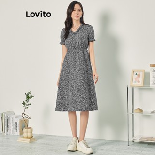 Lovito Casual Vestido Feminino Floral com Babados e Laço Traseiro L68ED333 (Preto e Branco)