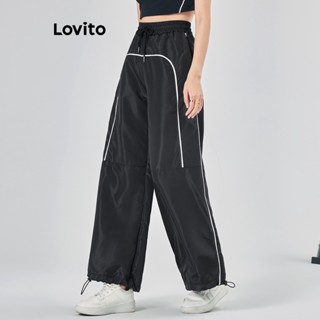 Lovito Casual Calça Feminina Lisa com Cordão Listra Lateral e Costura Contrastante L68ED316 (Preto)