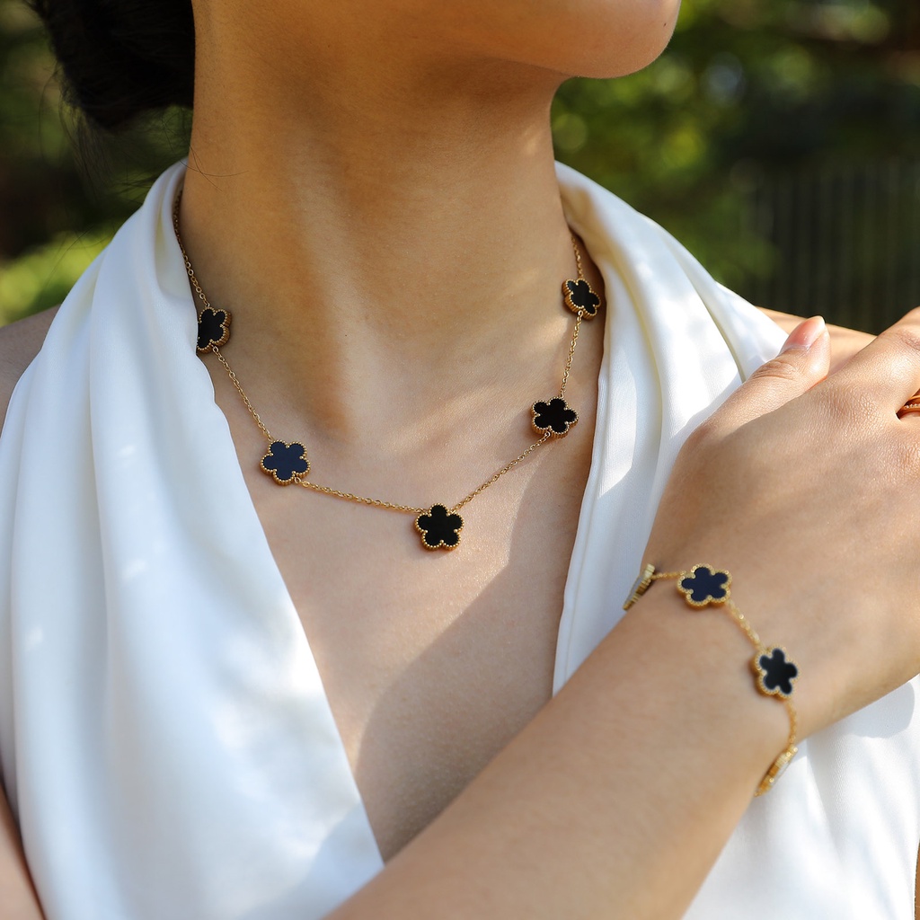 Vnox Black Shell Flower Conjunto De Jóias De Luxo Para Mulheres , Ouro 18K 5 Flores Colar De Brincos Hipoalergênico Pulseira Acessórios