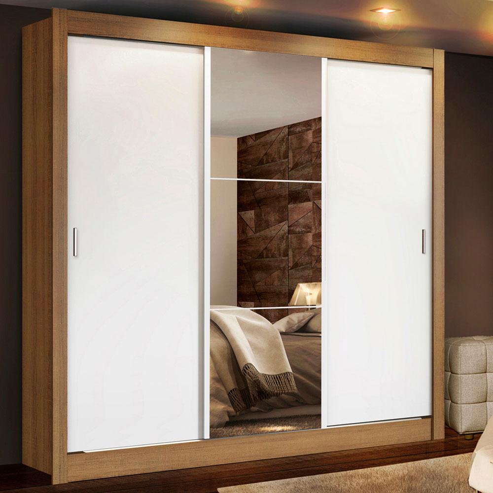 Guarda Roupa Casal Madesa Lyon Plus 3 Portas de Correr com Espelho 4 Gavetas - Rustic/Branco - Home & Living
