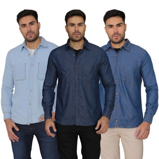Camisa Jeans Masculina Manga Longa Casual Básica