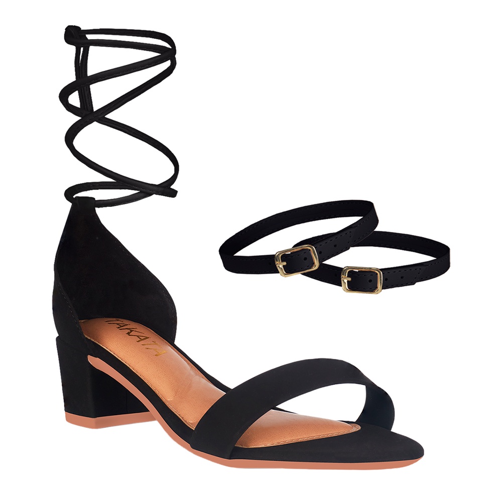 Sandalia Feminina Salto Médio Baixo Bloco Camurça Nobuck Elegante Casual Tiras Amarrar