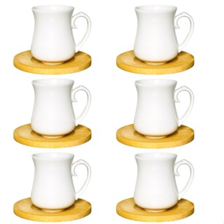 Jogo de 6 Xícaras de Porcelana Branca 1° Linha com 6 Pires de Bambu