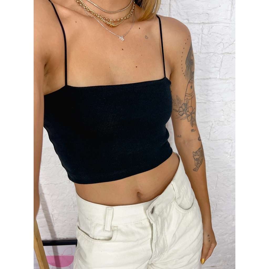 Blusinha Canelada Cropped Feminino Zara Alcinha Top faixa Canelado Crooped Alcinha Ribana Forrado