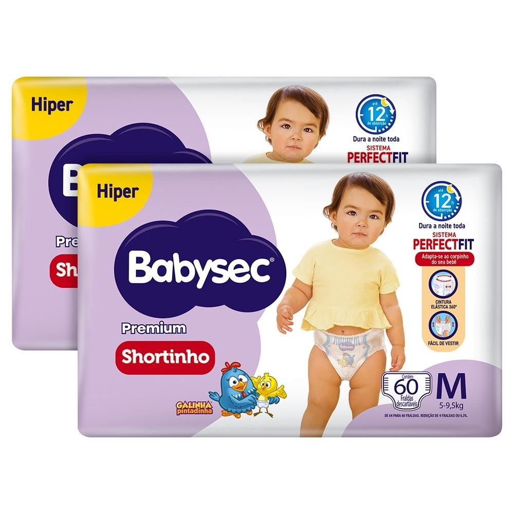 Fralda Descartável Babysec Shortinho Galinha Pintadinha Hiper Tamanho M - 2 Pacotes com 60...