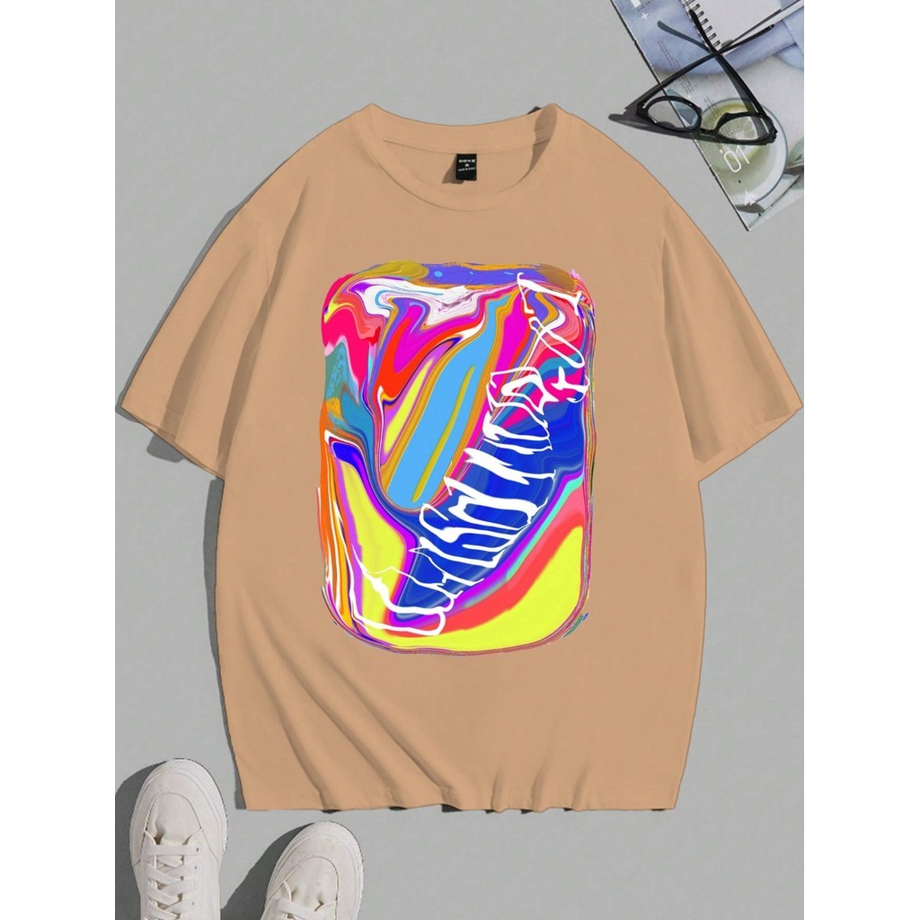 Camiseta Oversized Unissex Estampada Desenho Abstrato Colorido Skatista Hip-Hop Blusa Streetwear