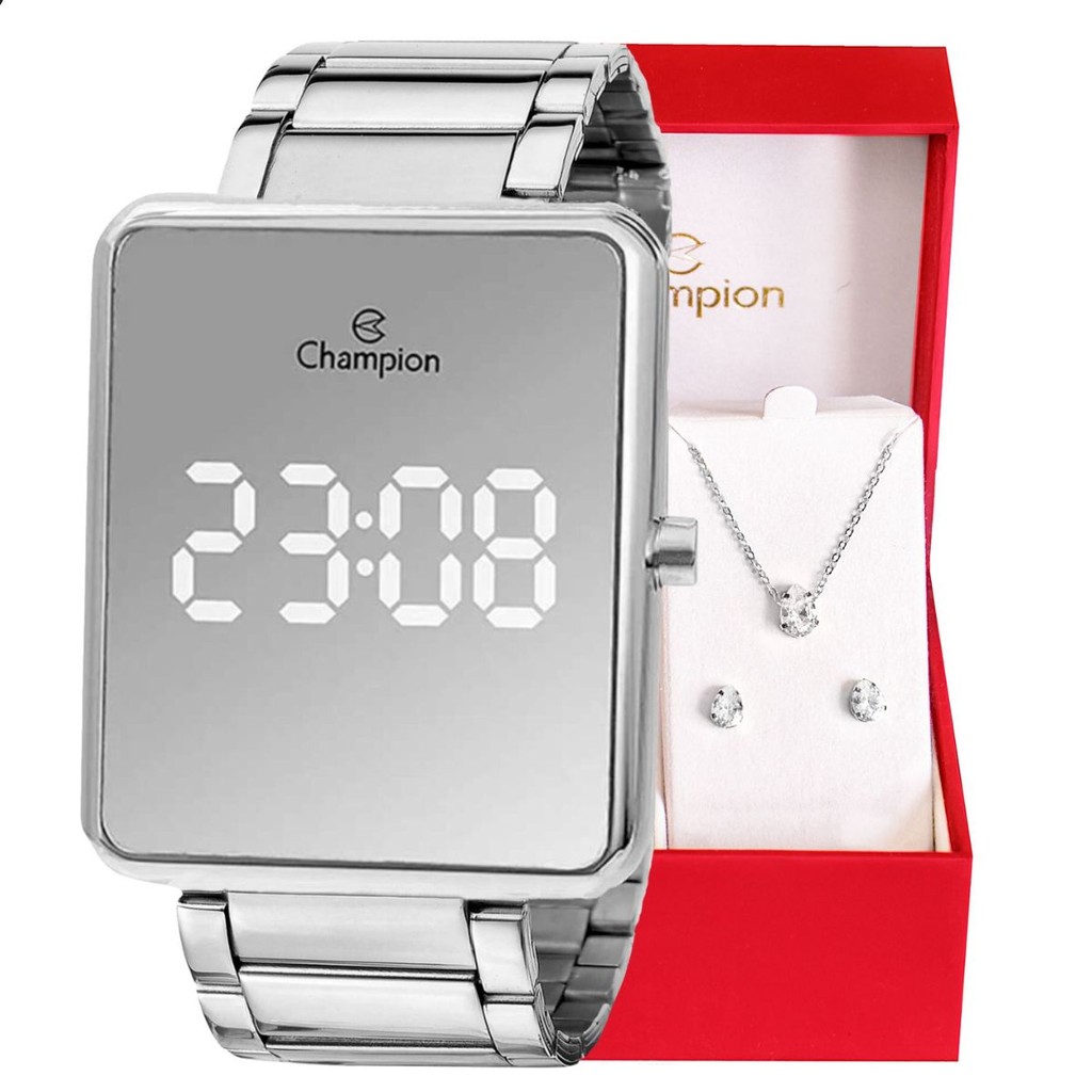 Relógio Champion Feminino Digital Prata Espelhado Colar Brincos CH40086S em Oferta na Shopee