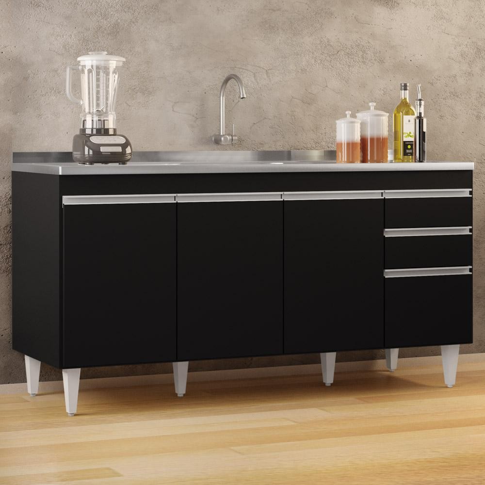 Balcão Gabinete com Pia Inox 160cm Arkansas Preto - Lumil em Oferta na Shopee