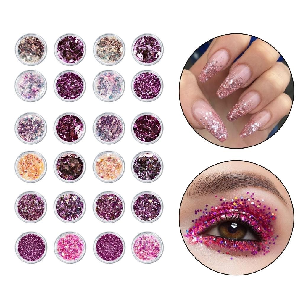 Kit 24 Glitter Decoração Unha Gel Nail Art Maquiagem Rosa Manicure Makeup Nail Designer Maquiador
