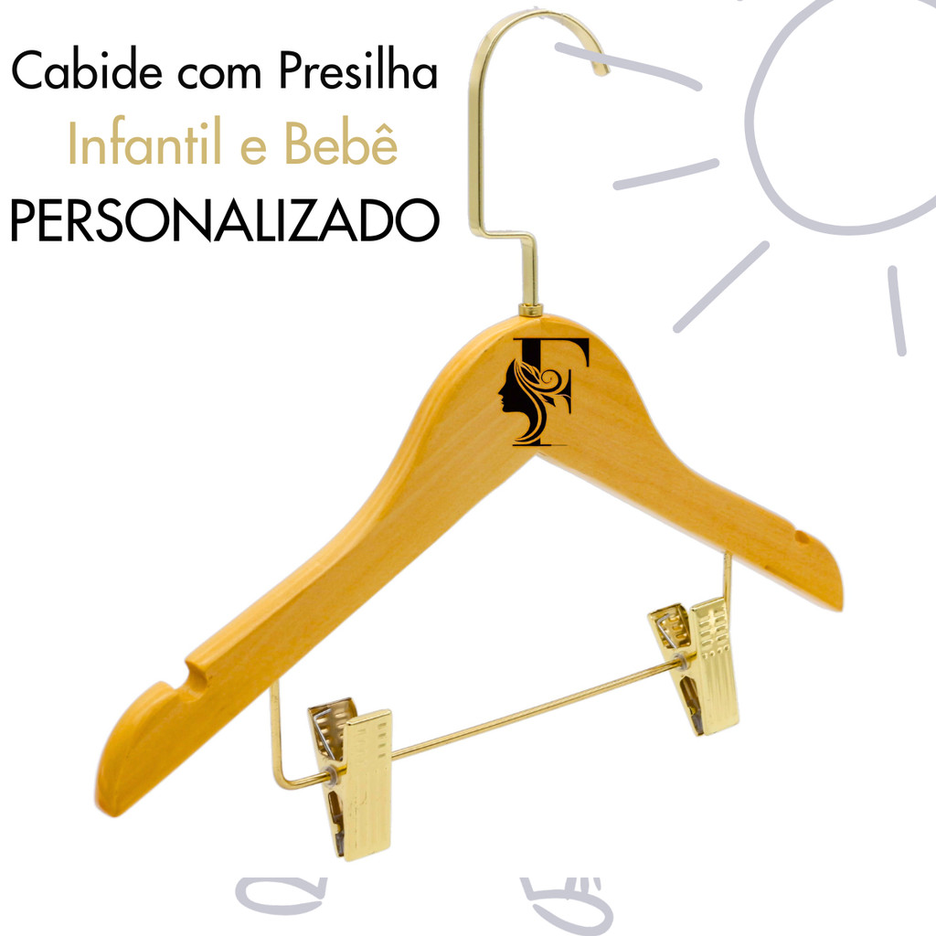 Kit 5 Cabide PERSONALIZADOS infantil baby de Madeira marfim com Presilha Luxo Dourado