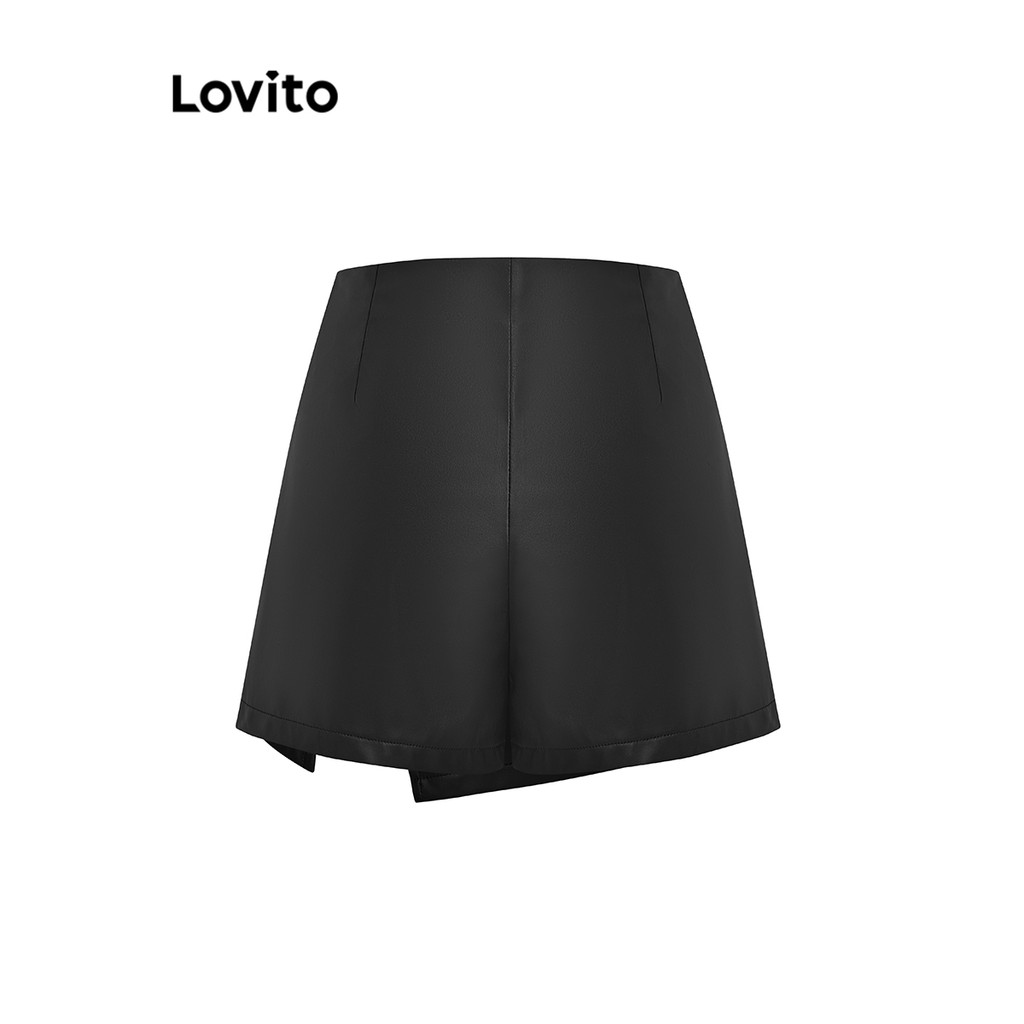 Detalhes do (Trendy) Lovito Shorts Casuais Com Zíper Liso Falso 2 Em 1 Shorts Para Mulheres L58AD065 (Preto)