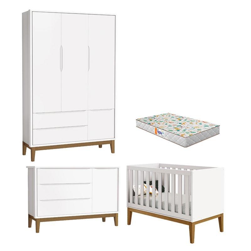 Quarto de Bebê 3 Portas New Classic Branco com Pés Madeira e Colchão Gazin – Reller