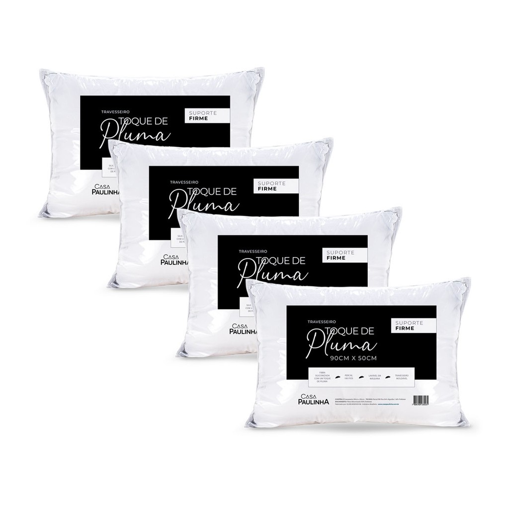 Kit 4 Travesseiros Toque de Pluma Suporte Firme 90cm x 50cm