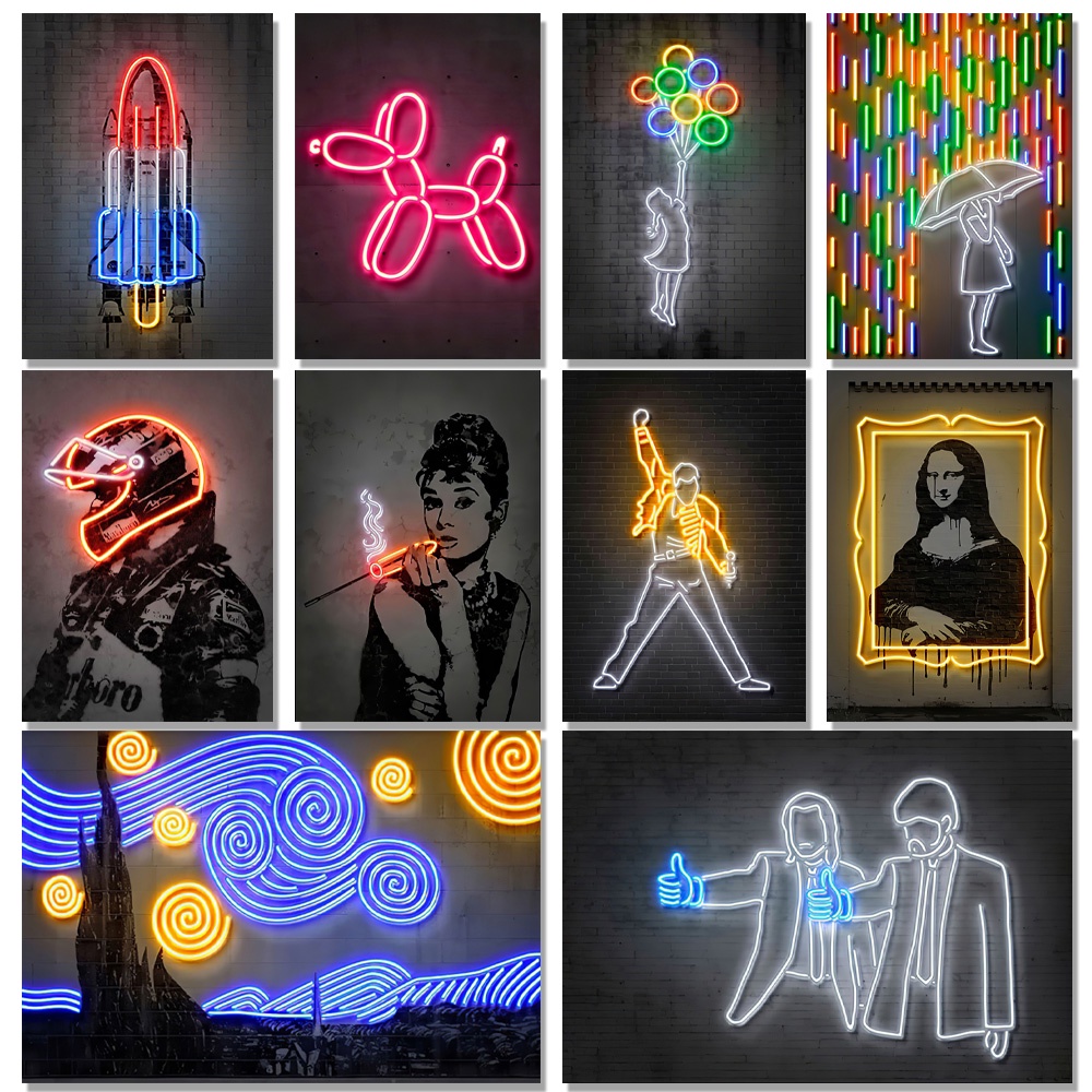 Quadro decorativo estilo Neon Effect Wall Art Poster Balão, Menina Monroe, Mona Lisa, Van Gogh, Noite Estrelada Mural, Modern Home Decor, Canvas Pictures Prints