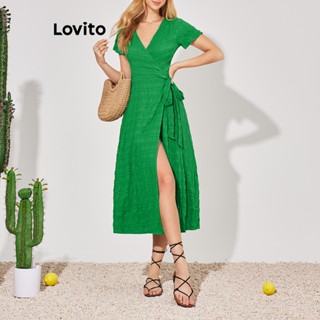 Lovito Vestido Simples com Amarração e Estampa Jacquard para Mulheres LBE04149 (Verde)