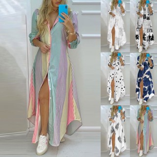 Solto longo vestido listrado das mulheres com impressão e Botões Casual