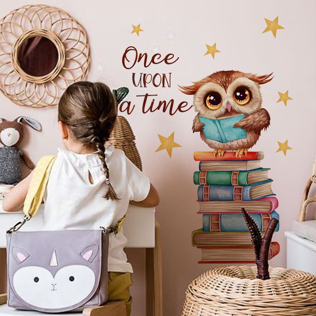 Autocolantes de Parede Cartoon, Owl Books Stars Adesivos de Parede para Quarto de Crianças, Autocolantes Decorativos Autocolantes de Parede