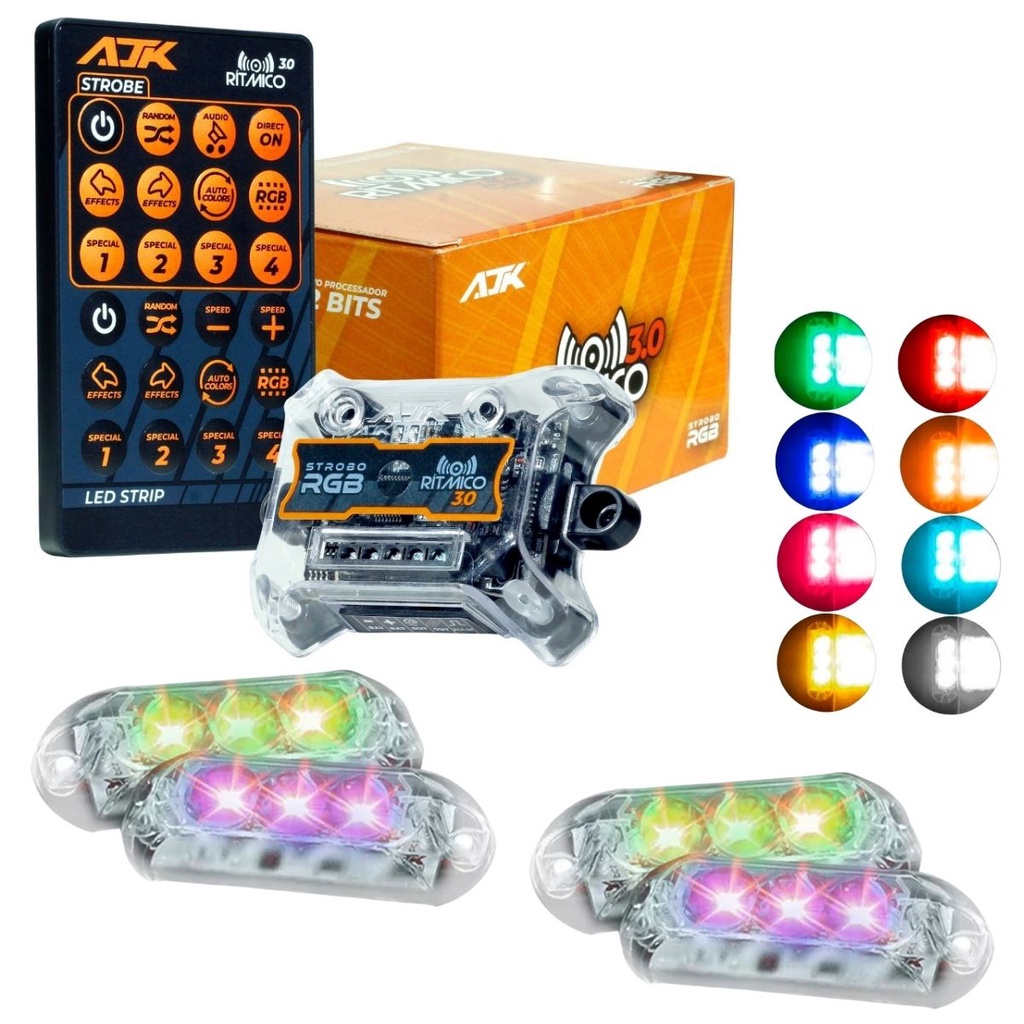 Kit Estrobo AJK RGB Rítmico 3.0 + 4 Faróis 6W em Oferta na Shopee
