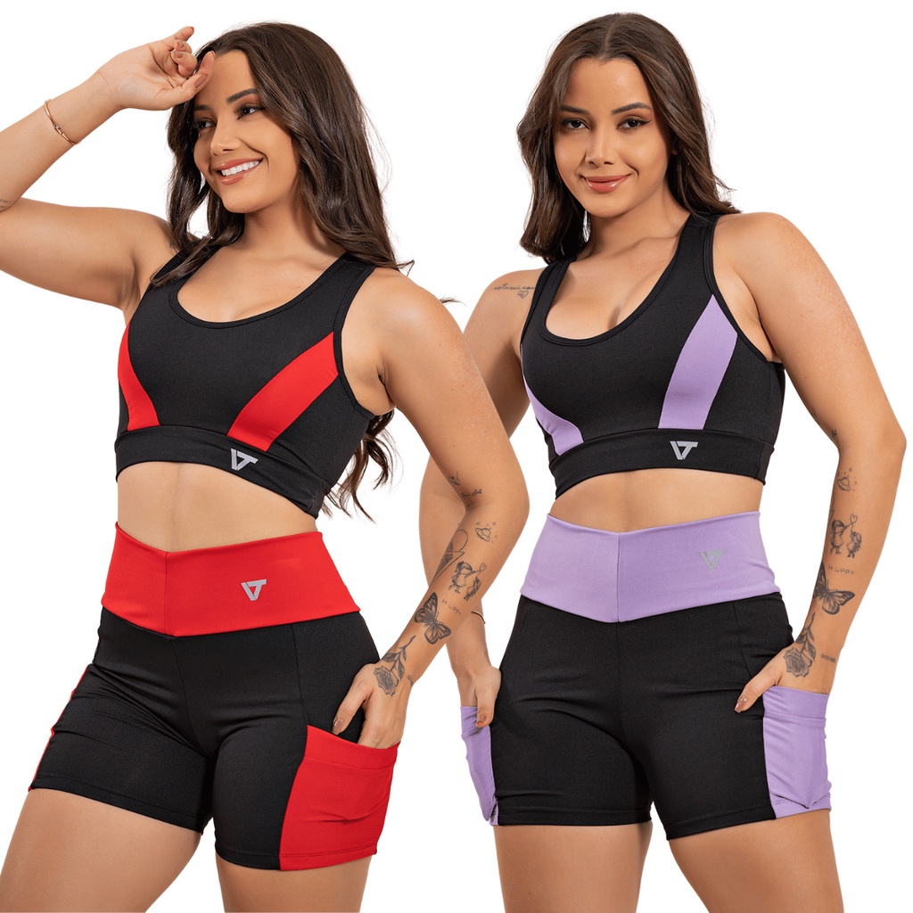 2 Conjunto Feminino Top E Short De Academia Fitness com Bolso em Oferta na Shopee