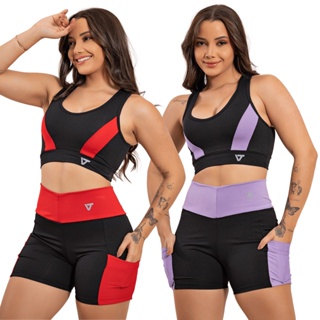 2 Conjunto Feminino Top E Short De Academia Fitness com Bolso em Oferta na Shopee