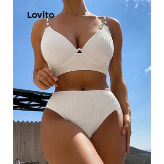 Lovito Conjuntos De Biquíni Sexy Com Anel Liso Para Mulheres LNL36079 (Branco Preto)