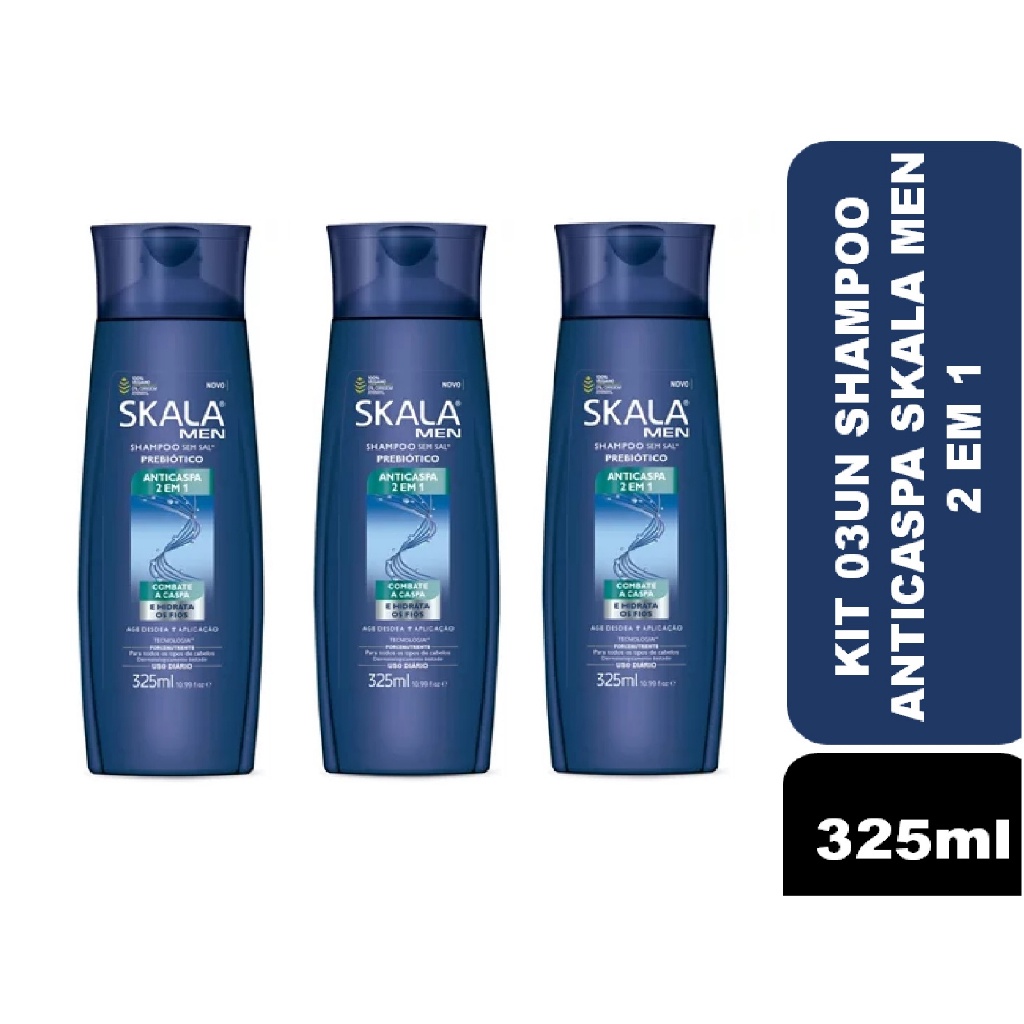 Kit c/ 03un Shampoo Skala Men Anticaspa 2 em 1 Prebiótico 325ml em Oferta na Shopee