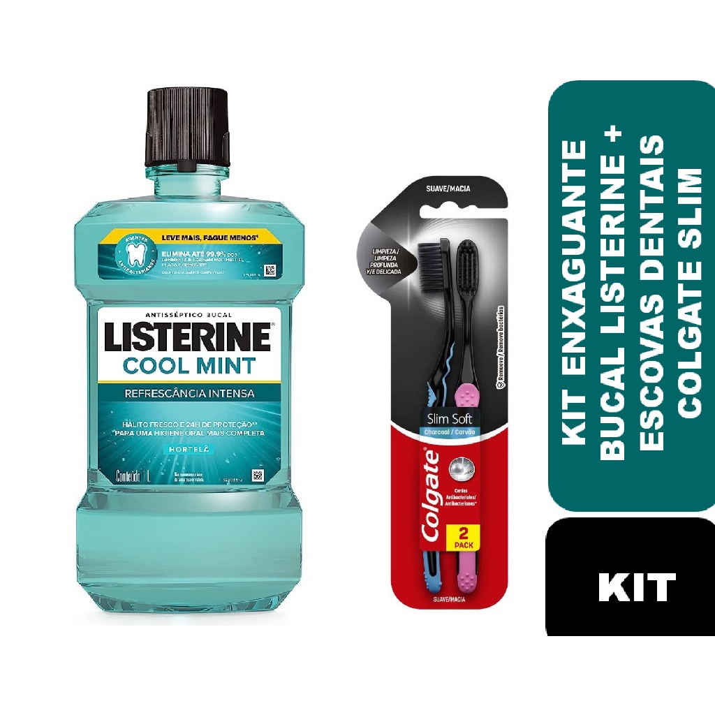 Kit Enxaguante Bucal Listerine Cool Mint 1L + 02un Escovas Colgate Slim Black