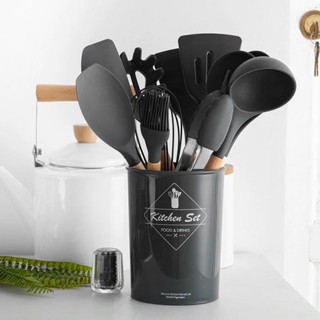 Jogo de Cozinha Kit Com 12 Peças de Silicone, Utensílios e Copo Suporte Organizador Para Cozinha Cabo de Madeira