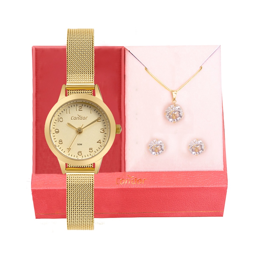 Relógio de Pulso Feminino Condor Dourado Analógico Original Colar e Brincos Presente CO2035MZS/K4K em Oferta na Shopee