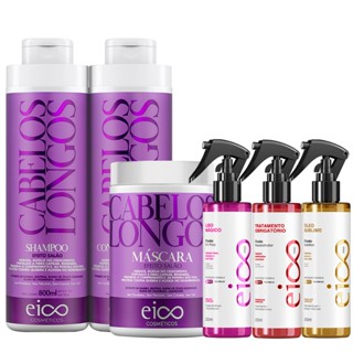Kit Eico Cabelos Longos Shampoo 800ml e Condicionador 750ml Sos Crescimento Tratamento Hidratação 1Kg Spray Fluído Protetor Térmico 200ml