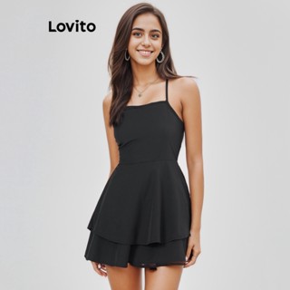 Lovito Casual Macacão Feminino Liso de Camada Dupla com Costas Abertas L68ED269 (Preto)