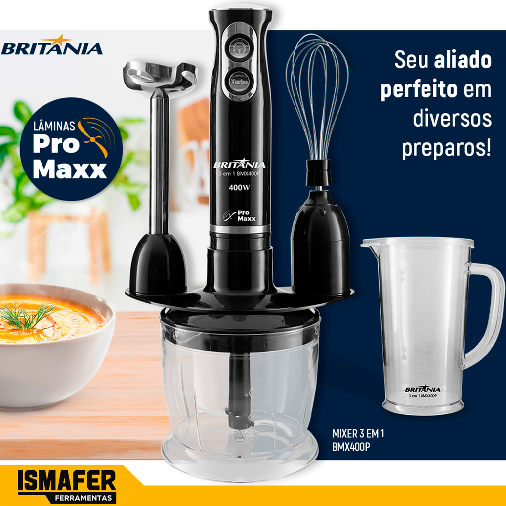 Mixer Bmx400p Britânia 3 Em 1 400w Preto Turbo Inox