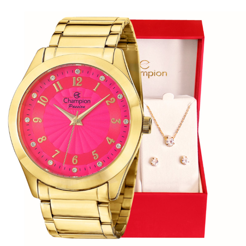 Relógio Feminino Champion Analógico Dourado Rosa Prova D'agua CN29409J Colar e Brincos em Oferta na Shopee