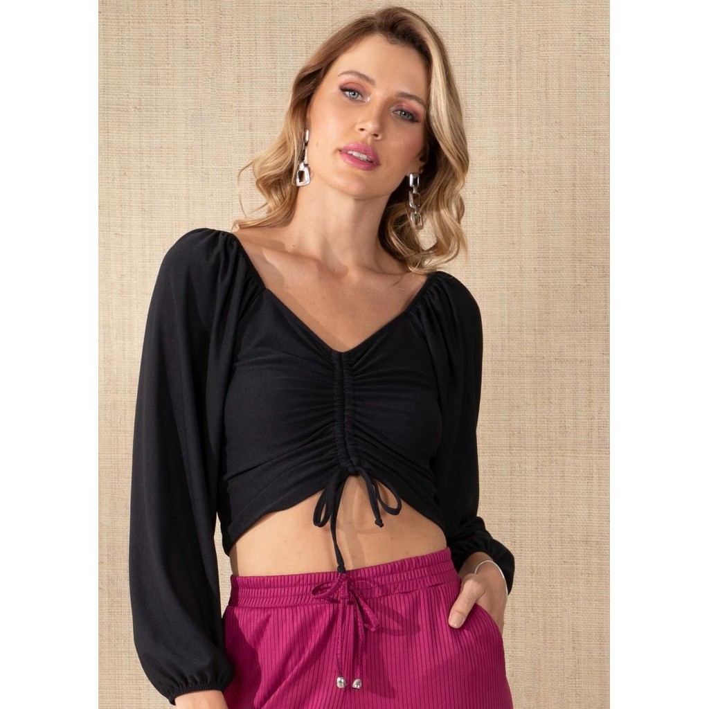 Blusa Com Franzido Frontal Preto Quintess em Oferta na Shopee