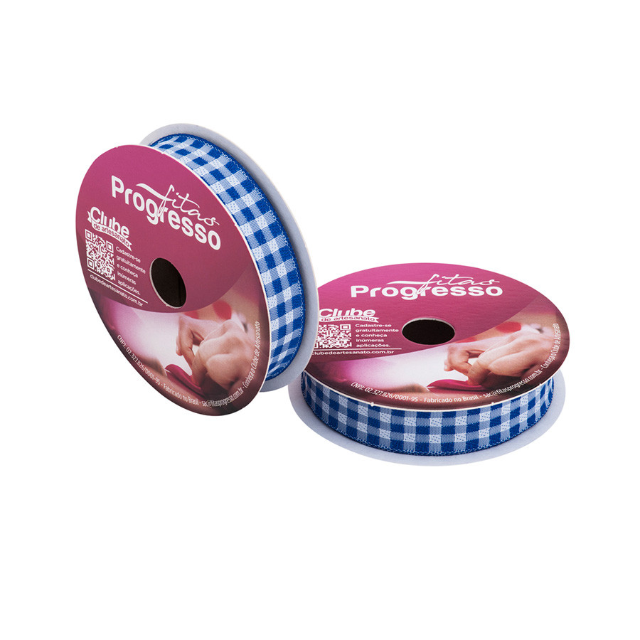 Fita de Cetim 10m x 15mm - Cor 214 - Xadrez Azul Royal - Rolo 10 metros  - 1 unidade - Progresso - Rizzo